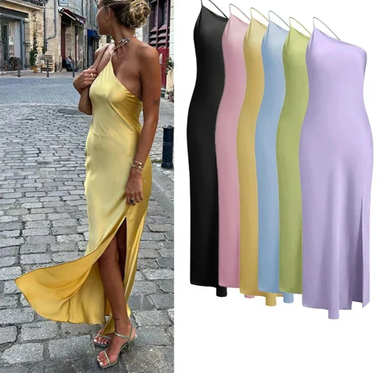 Asymmetric Strap Backless Slit Satin Maxi Dress 7