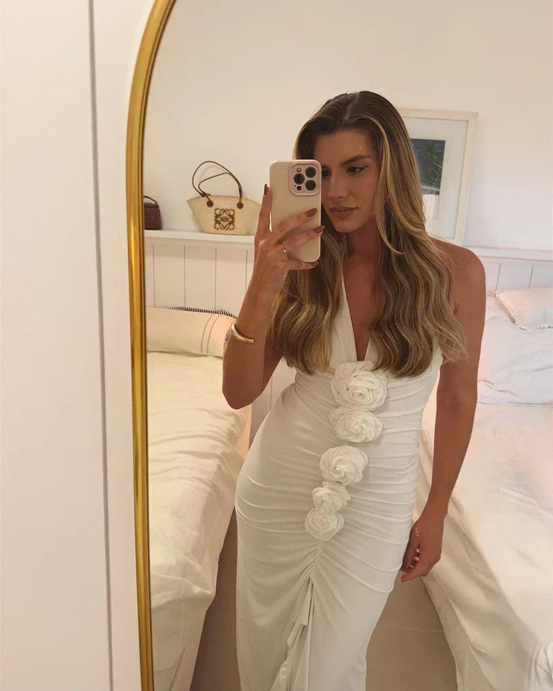 Halter Deep V Rosette Ruched Ruffle Slit Maxi Gown 23