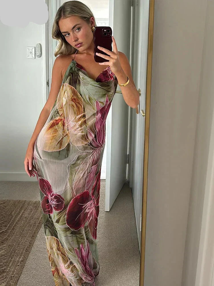 Floral Print Cowl Neck Halter Spaghetti Strap Maxi Dress 8