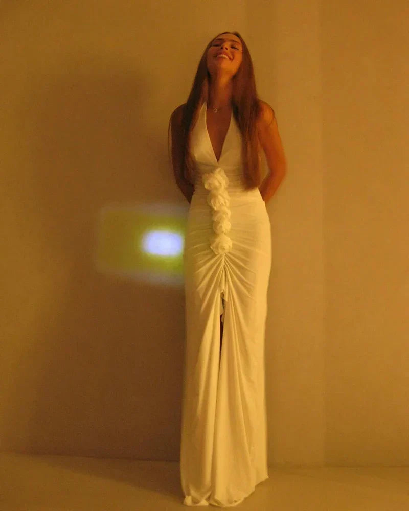 Halter Deep V Rosette Ruched Ruffle Slit Maxi Gown 28
