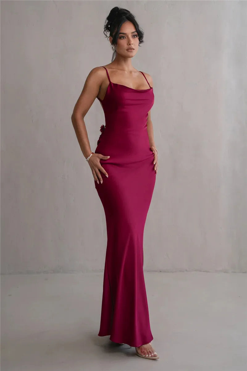Spaghetti Strap Floral Applique Cowl Back Satin Maxi Dress 32