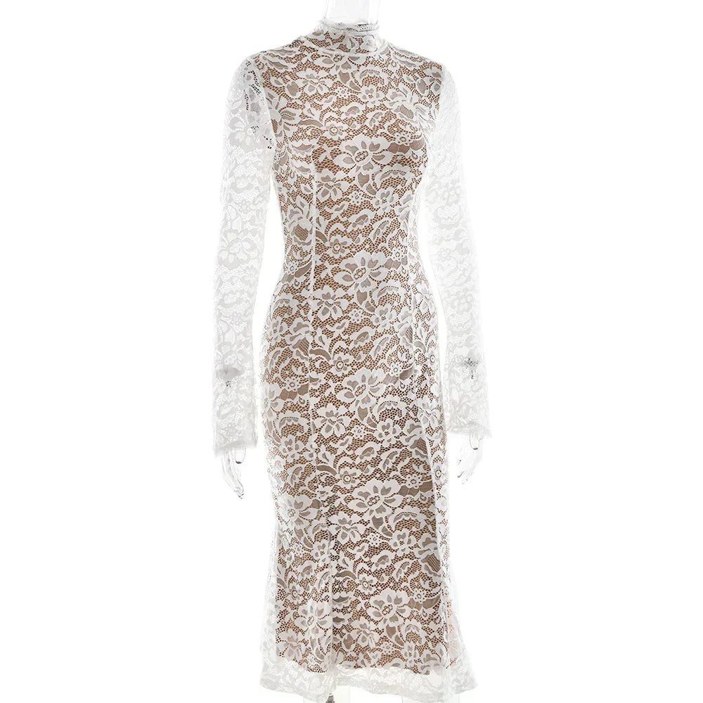 Floral Lace Mock Neck Long Sleeve Trumpet Hem Midi Dress 7