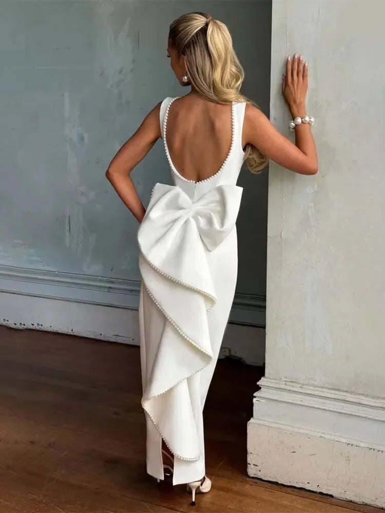 Pearl Trim Neckline Princess Seam Oversized Bow Back Fit and Flare Mini Dress 10
