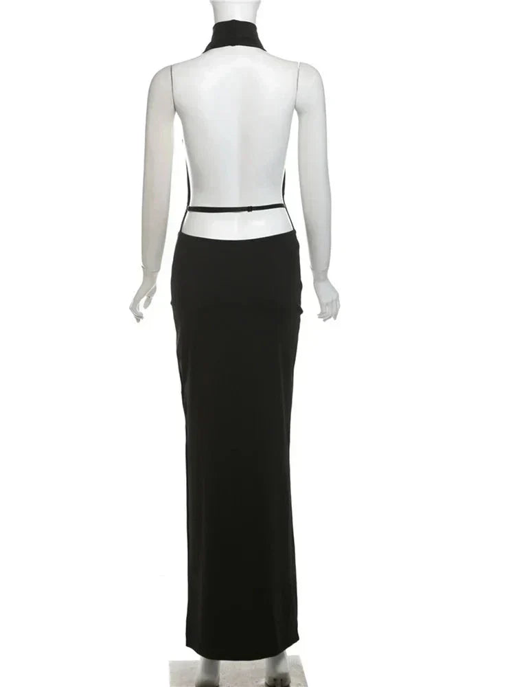 Halter Plunging Cowl Backless High Slit Maxi Dress 8