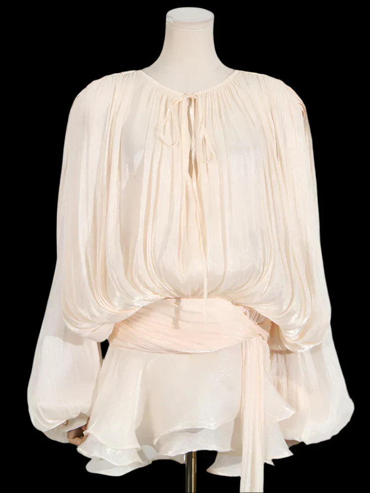 Keyhole Tie Neck Pleated Bishop Sleeve Tiered Ruffle Skirt Set 6