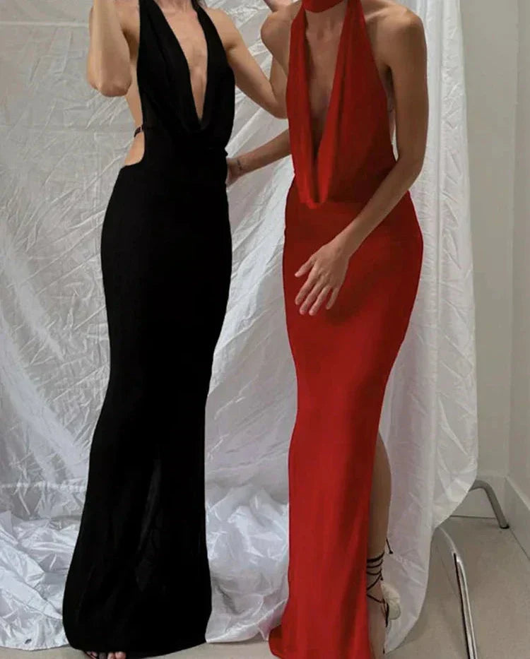 Halter Plunging Cowl Backless High Slit Maxi Dress 2