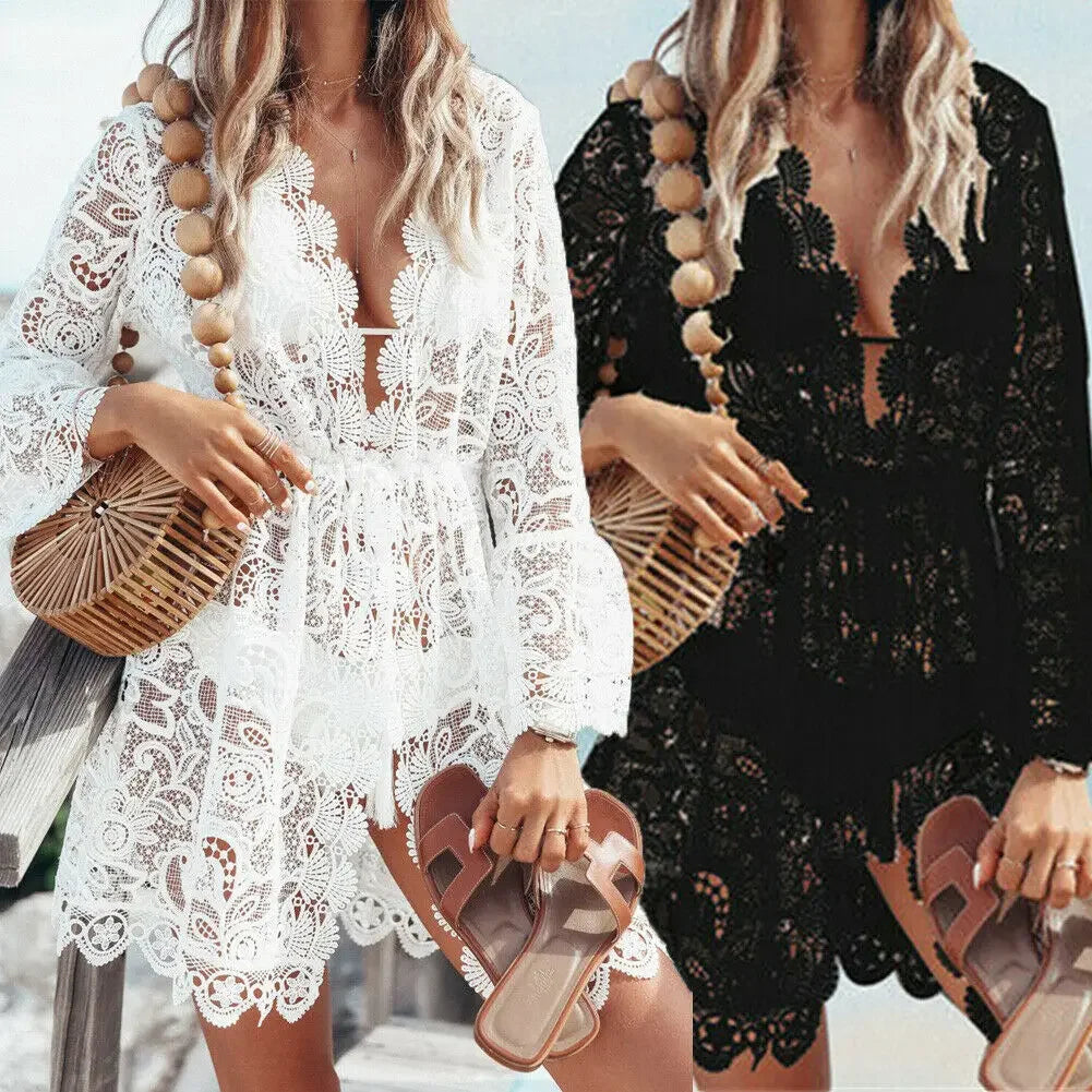 Lace Crochet V-Neck Bell Sleeve Scalloped Hem Hollow Out Beach Mini Dress 5
