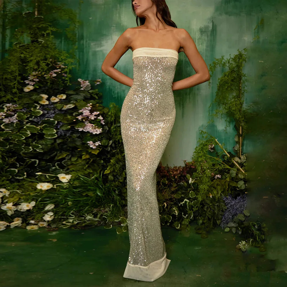 Strapless Sequin Hooded Sheer Shawl Mermaid Bodycon Maxi Gown 16