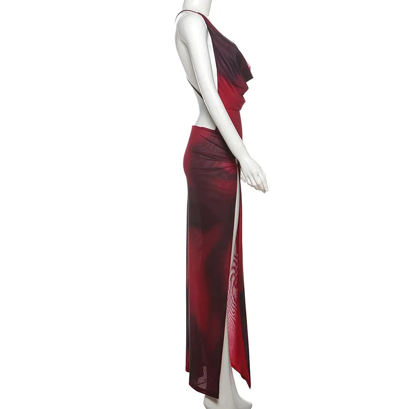 Plunging Halter Ring Detail Side Cutout High Slit Maxi Dress 9