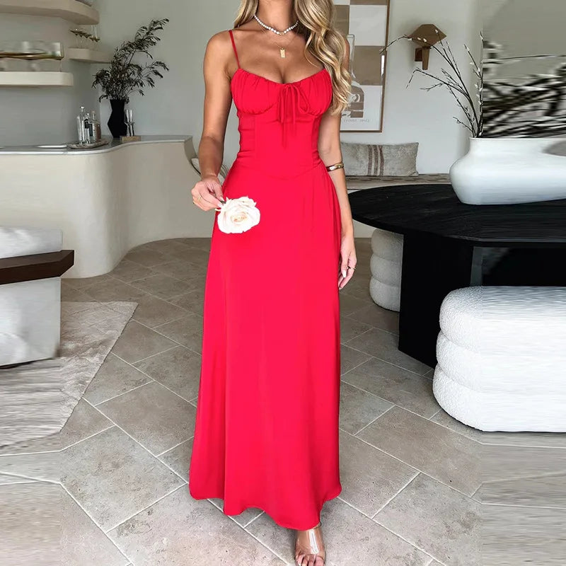 Sweetheart Neck Spaghetti Strap Ruched Tie Front Column Maxi Dress 6