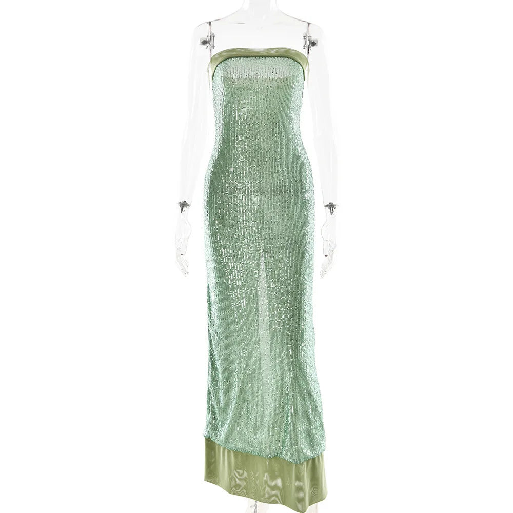 Strapless Sequin Hooded Sheer Shawl Mermaid Bodycon Maxi Gown 19
