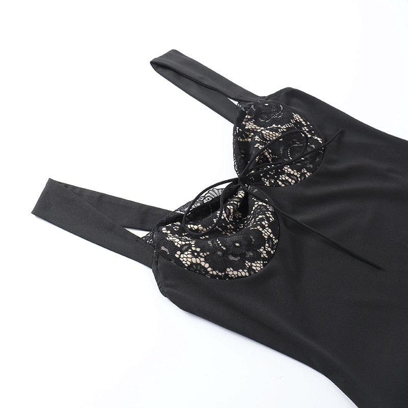 Square Neck Lace Panel Satin Mini Dress 14