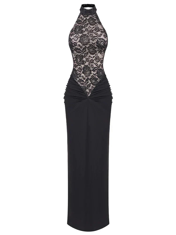 Halter Neck Floral Lace Bodice Column Maxi Dress 7