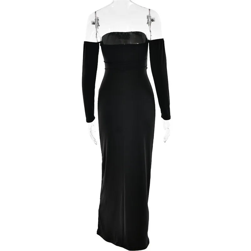 Off Shoulder Buckle Ruched Drape Long Sleeve Maxi Dress 9