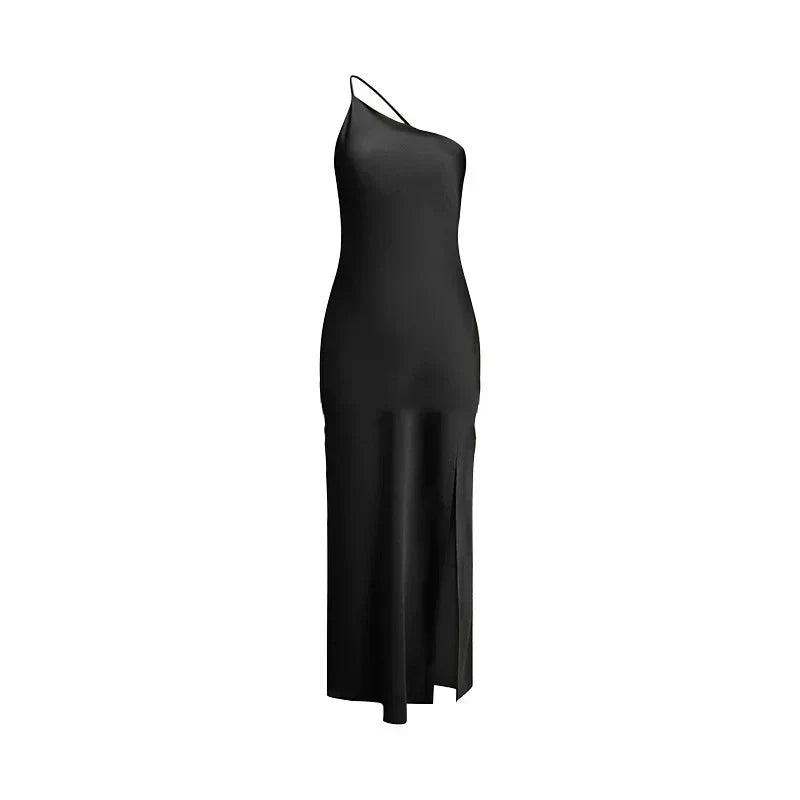 Asymmetric Strap Backless Slit Satin Maxi Dress 23