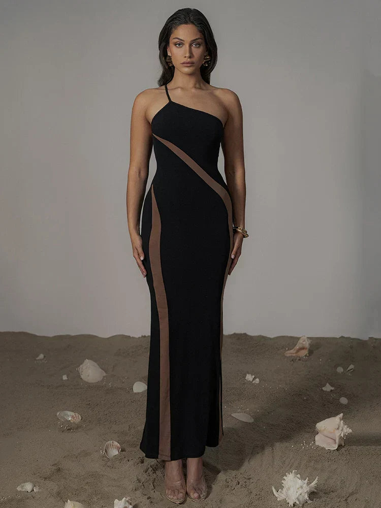 One Shoulder Mesh Panel Patchwork Maxi Dress