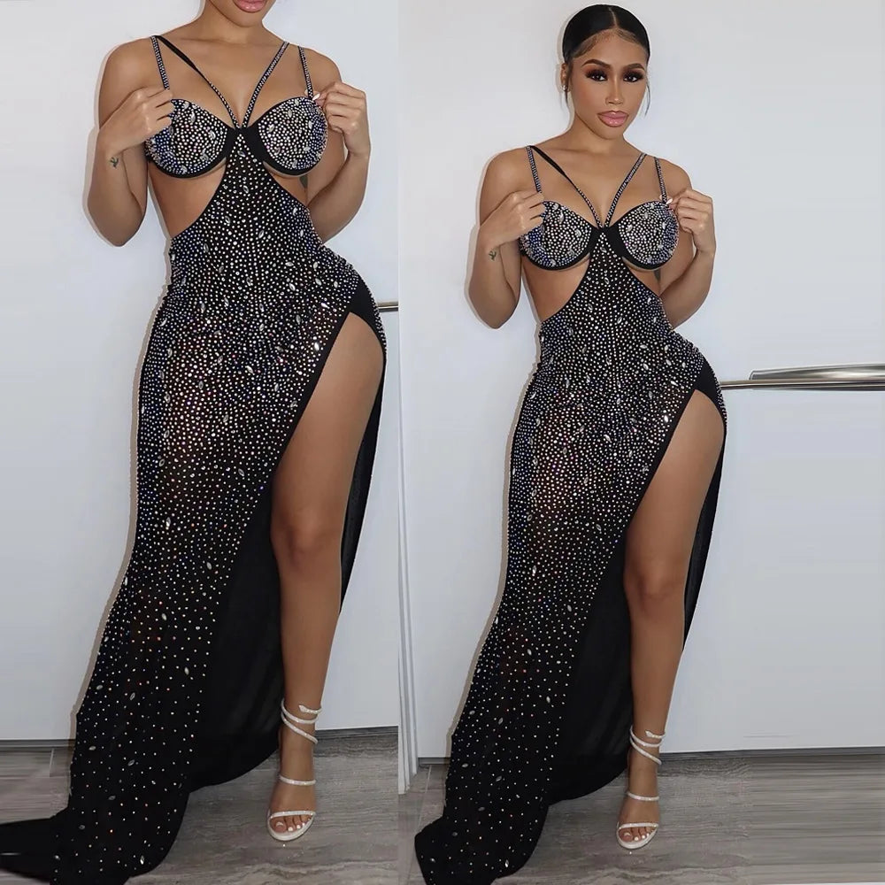 Rhinestone Mesh Spaghetti Strap Waist Cutout High Slit Maxi Dress