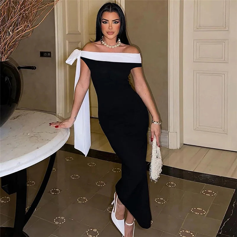 Off Shoulder Contrast Bow Shoulder Ribbon Bodycon Maxi Dress