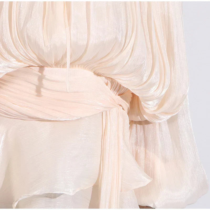 Keyhole Tie Neck Pleated Bishop Sleeve Tiered Ruffle Skirt Set 14