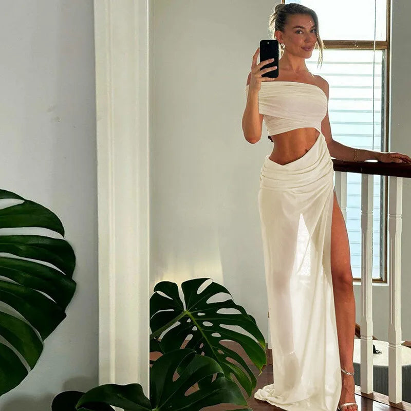 One Shoulder Mesh Draped Crop Top High Slit Maxi Skirt Set 7