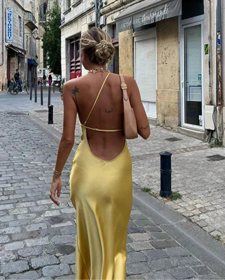 Asymmetric Strap Backless Slit Satin Maxi Dress 15