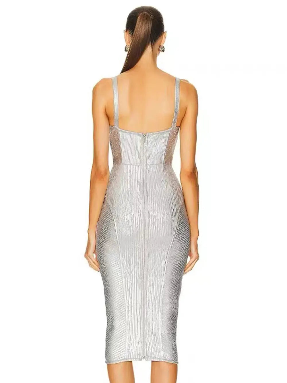 Sweetheart Corset Bodice Metallic Ribbed Bodycon Midi Dress 3