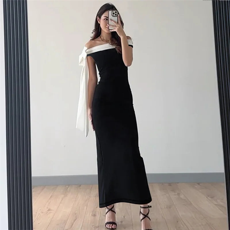 Off Shoulder Contrast Bow Shoulder Ribbon Bodycon Maxi Dress 12