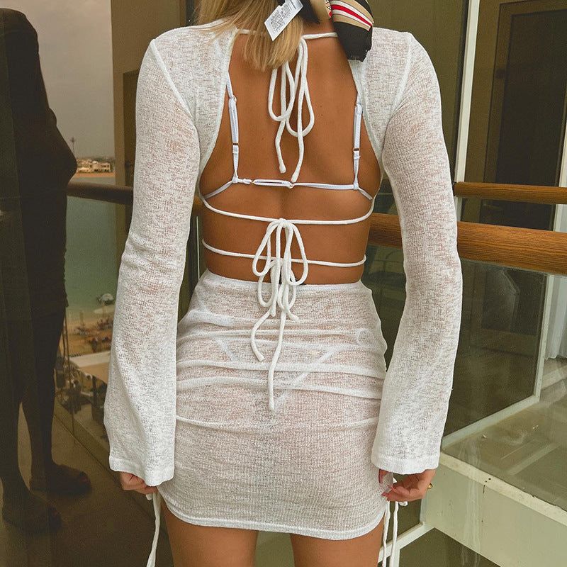 Sheer Knit Bell Sleeve Waist Cutout Ruched Mini Dress 5