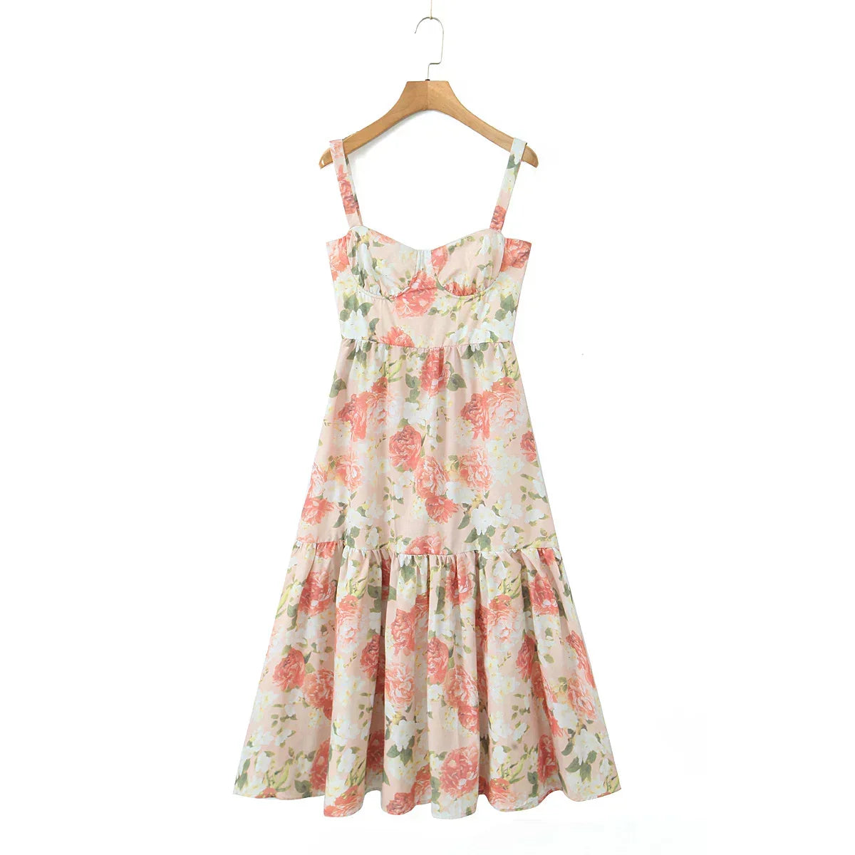 Sweetheart Bustier Wide Strap Floral Drop Waist Ruffle Midi Dress 4