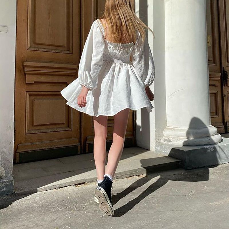 Square Neck Smocked Waist Puff Sleeve Ruffle Trim Mini Dress 4