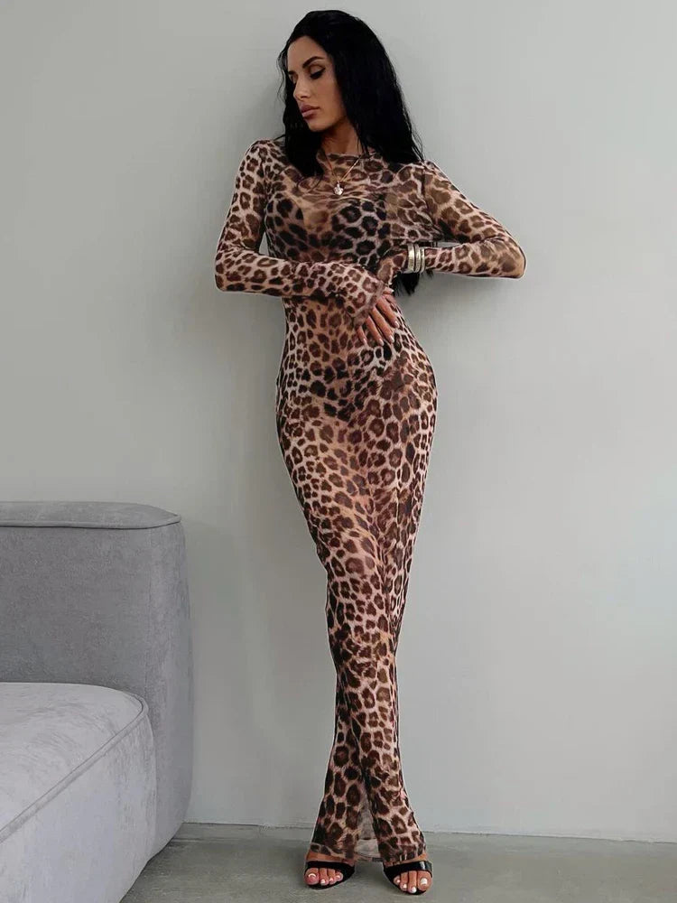 Print Mock Neck Long Sleeve Bodycon Maxi Dress 6