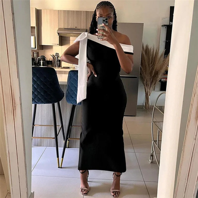 Off Shoulder Contrast Bow Shoulder Ribbon Bodycon Maxi Dress 14