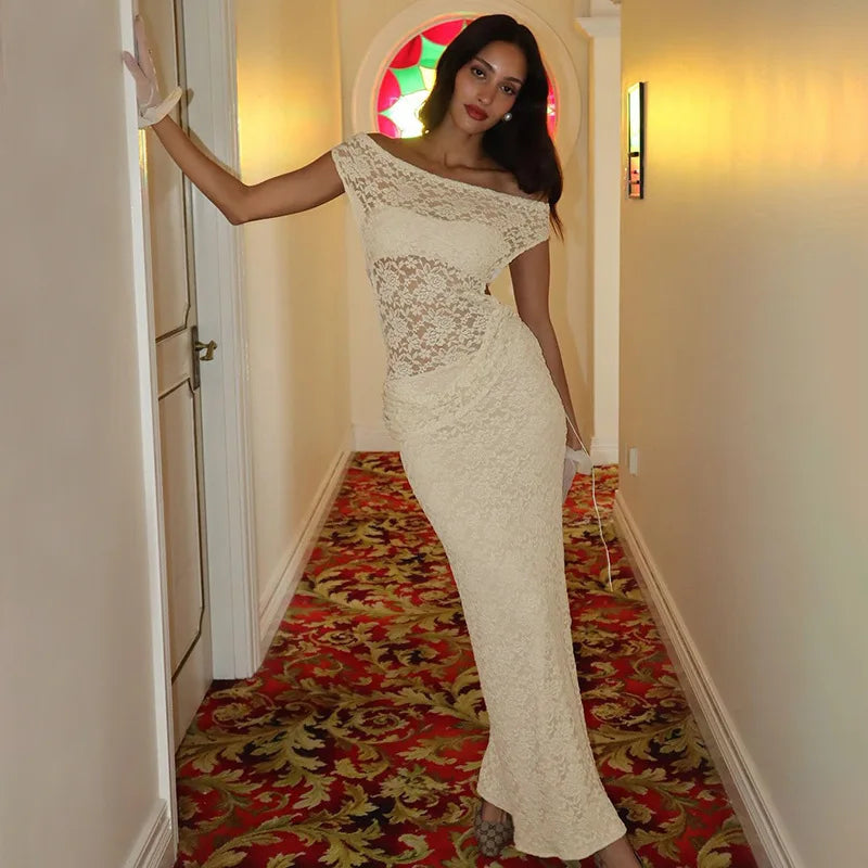 Off Shoulder Floral Lace Asymmetric Neckline Bodycon Maxi Dress