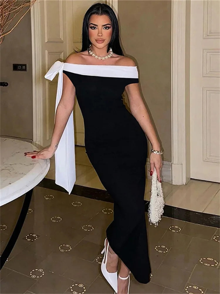 Off Shoulder Contrast Bow Shoulder Ribbon Bodycon Maxi Dress 4