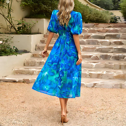 Abstract Floral Print Puff Sleeve Smocked Waist A-Line Midi Dress 4