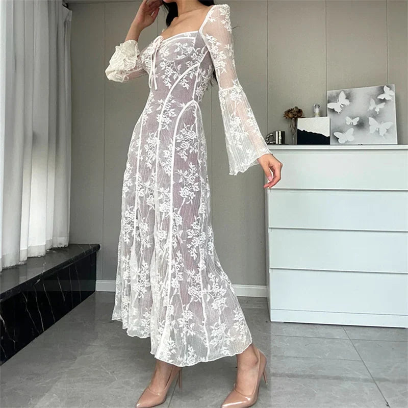 Square Neck Tie Detail Lace Bell Sleeve Paneled Midi Dress 5