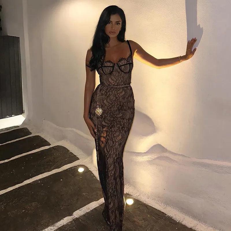 Sweetheart Neck Spaghetti Strap Lace Corset Chain Belt Maxi Dress 5