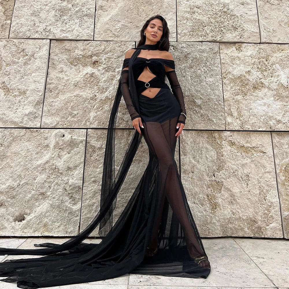Off Shoulder Mesh Ring Buckle Cutout Hooded Cape Maxi Dress 8