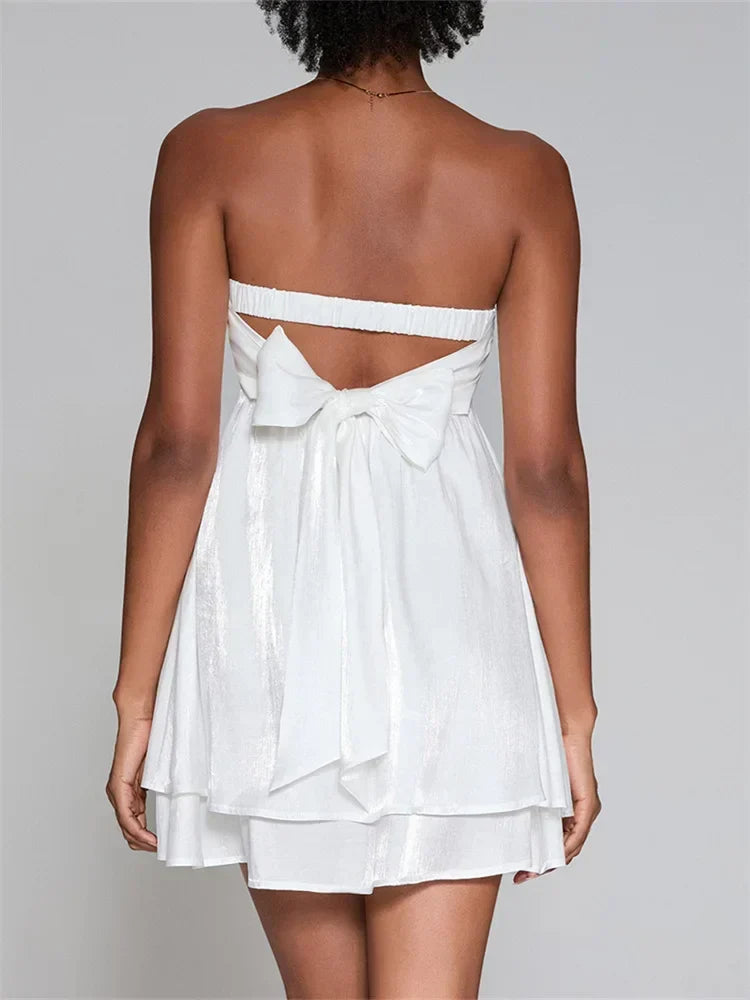 White Strapless Sweetheart Twist-Knot Cutout Bubble Mini Dress
