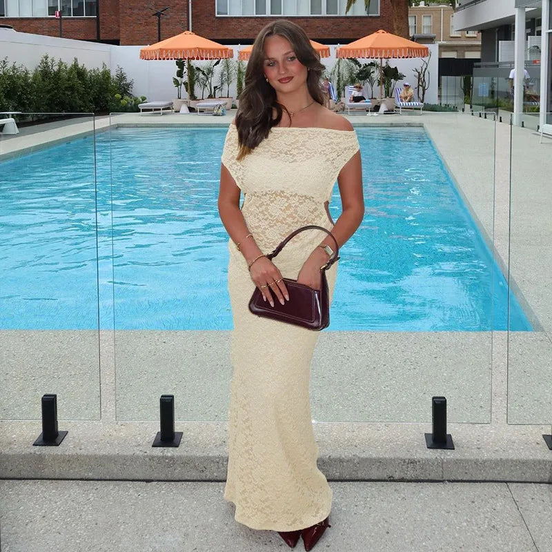 Off Shoulder Floral Lace Asymmetric Neckline Bodycon Maxi Dress 6