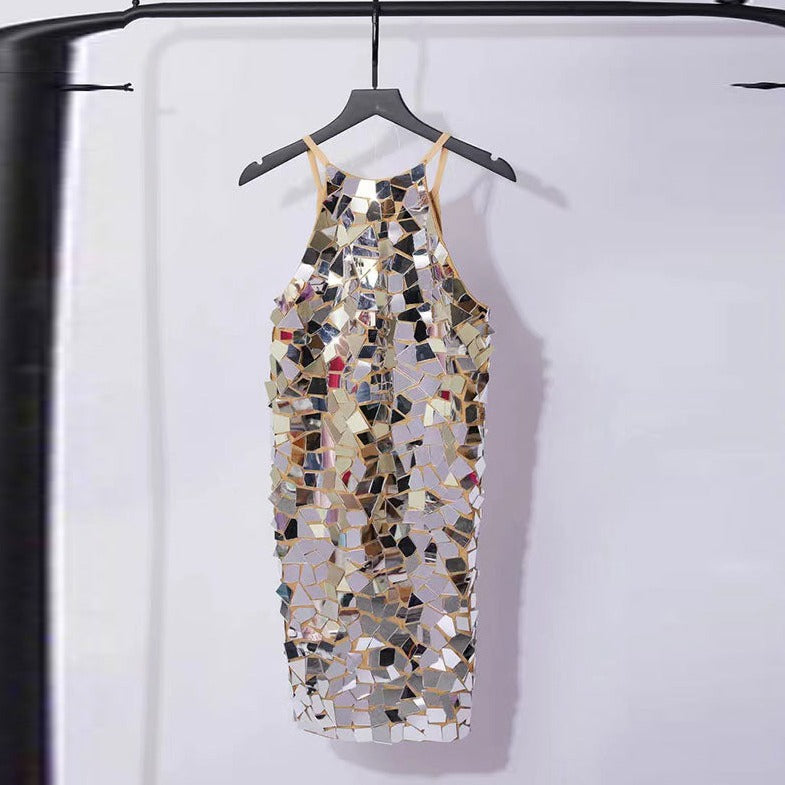 Mirror Mosaic Tile Halter Bodycon Mini Dress 6