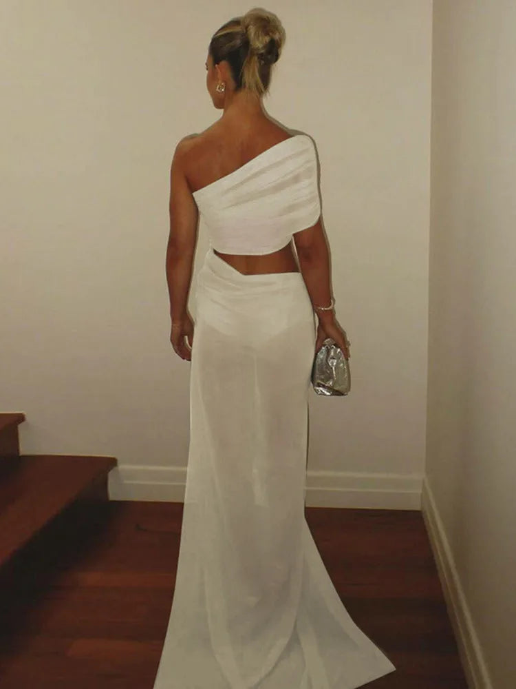One Shoulder Mesh Draped Crop Top High Slit Maxi Skirt Set 2