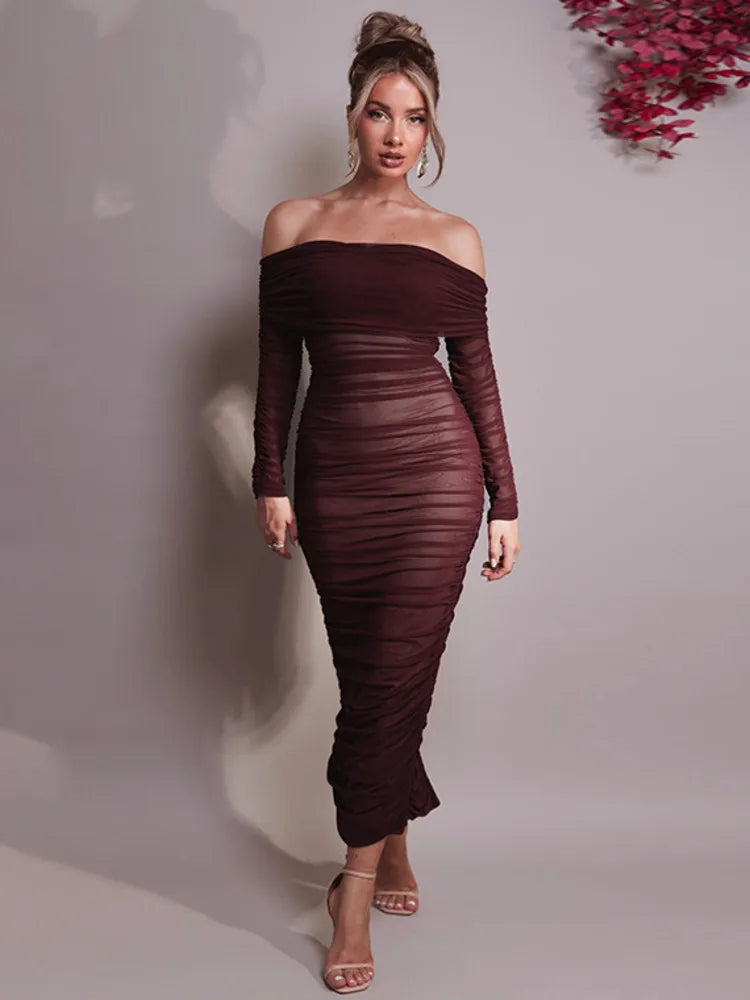 Off Shoulder Long Sleeve Ruched Sheer Mesh Bodycon Maxi Dress