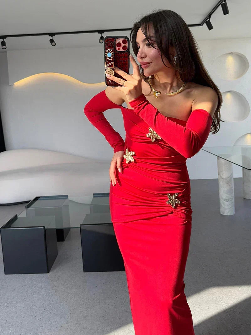 Off Shoulder Buckle Ruched Drape Long Sleeve Maxi Dress 6