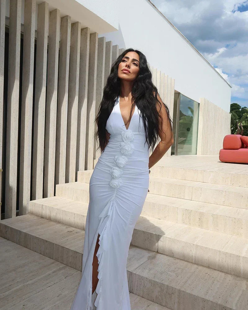 Halter Deep V Rosette Ruched Ruffle Slit Maxi Gown 8