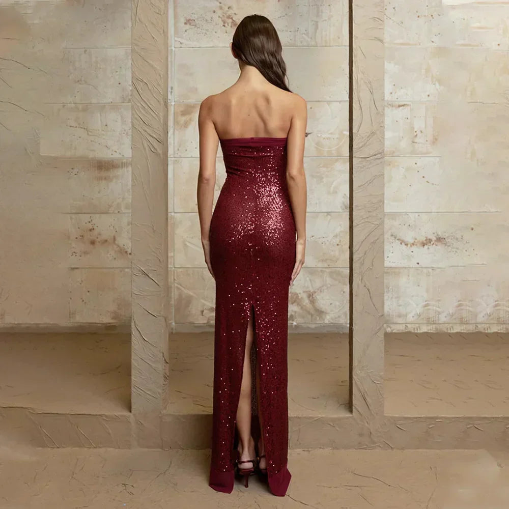 Strapless Sequin Hooded Sheer Shawl Mermaid Bodycon Maxi Gown 6