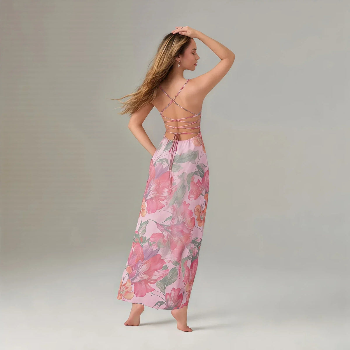 Square Neck Spaghetti Strap Floral Print Bodycon Maxi Dress 2