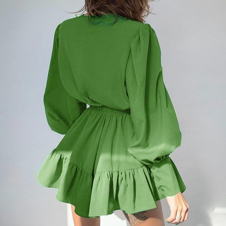 Crew Neck Lantern Sleeve Elastic Waist Tiered Ruffle Mini Dress 4