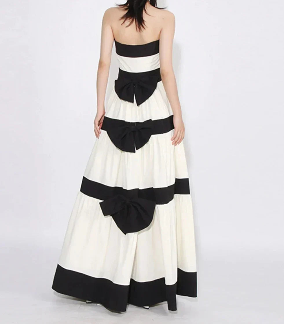 Strapless V Notch Neckline Tiered Horizontal Banded Full Skirt Gown 6