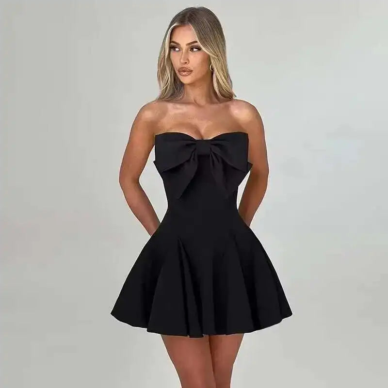 Pearl Trim Neckline Princess Seam Oversized Bow Back Fit and Flare Mini Dress 16